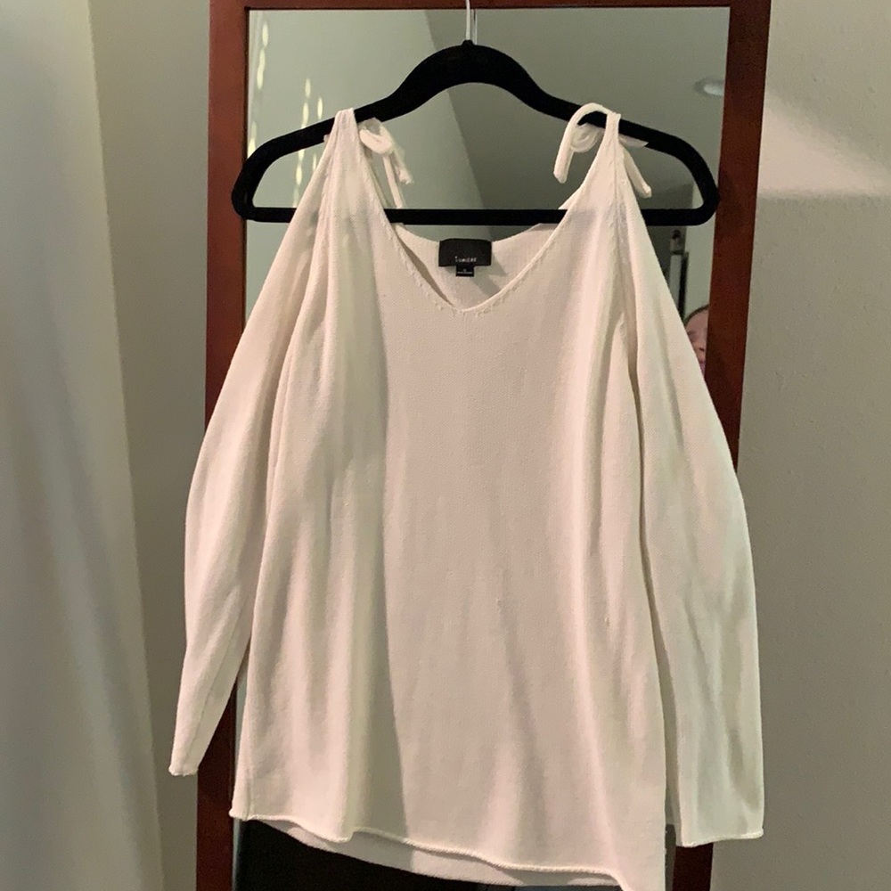 White exposed shoulder sweater